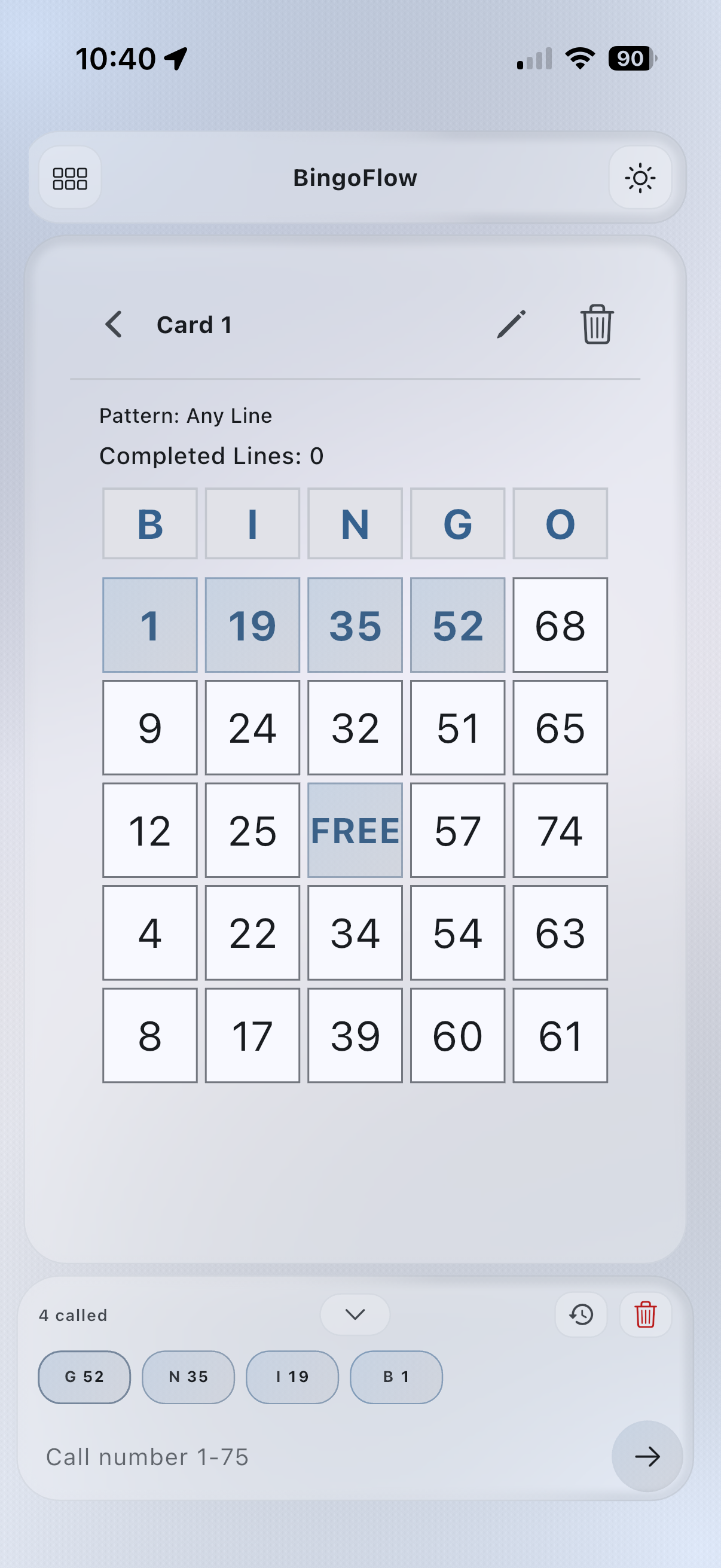 BingoFlow pattern selection screenshot